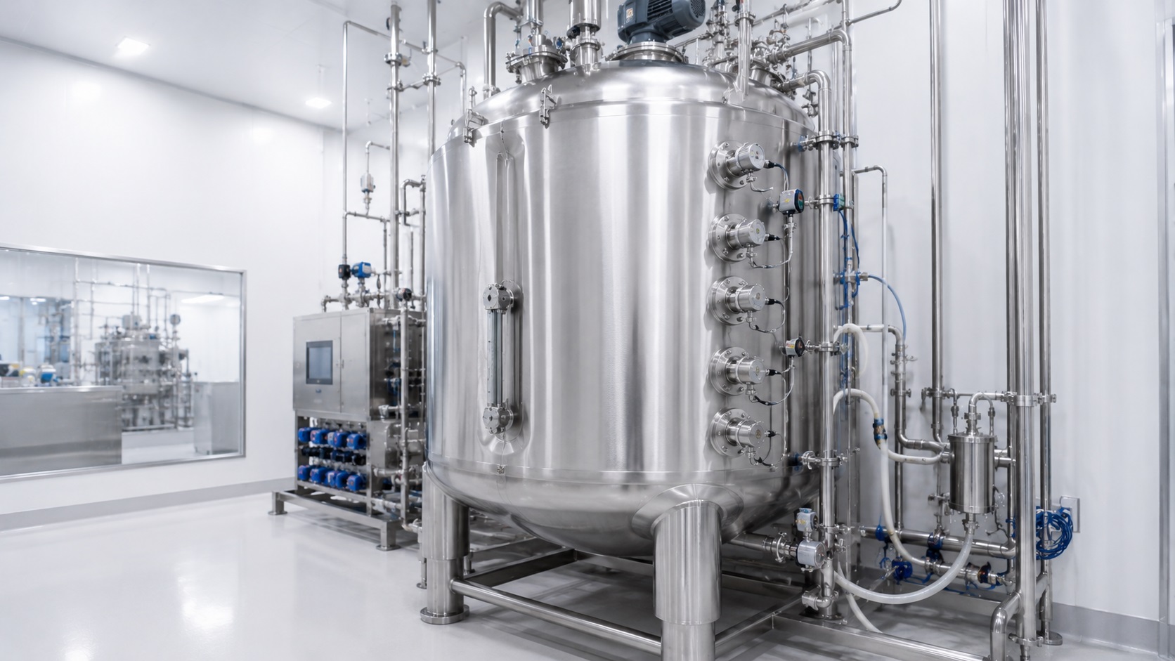 bioreattore industriale in acciaio inox con strumentazione sanitaria