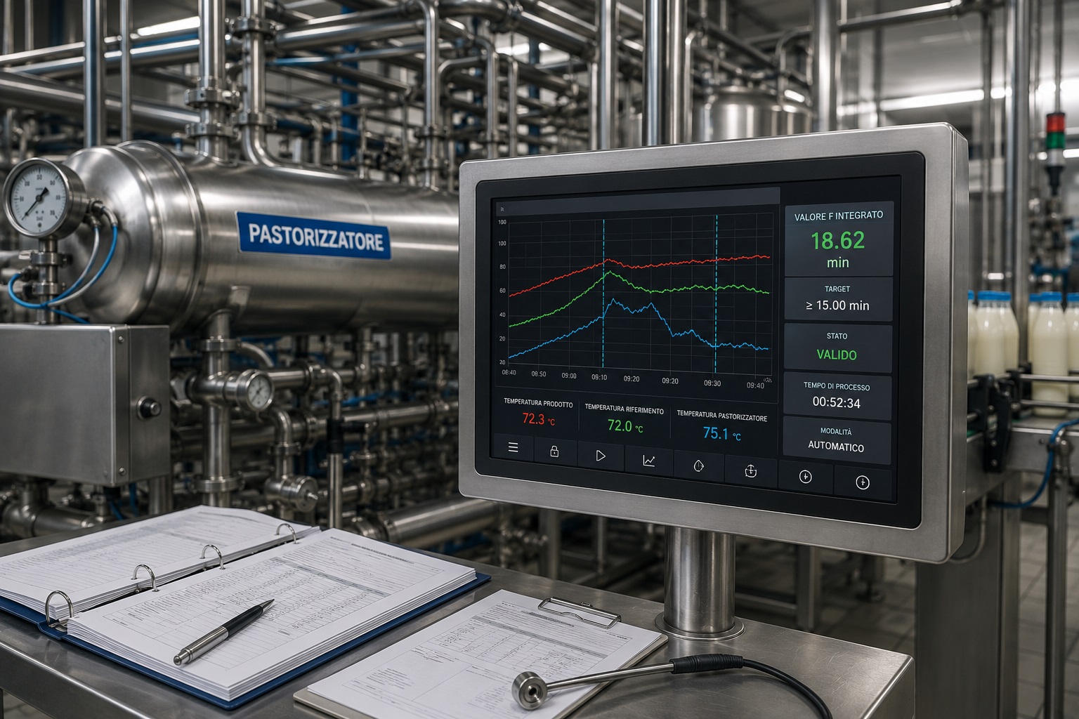 Pastorizzatore industriale food con registratore videografico che calcola il valore F integrato in tempo reale per validazione del trattamento termico