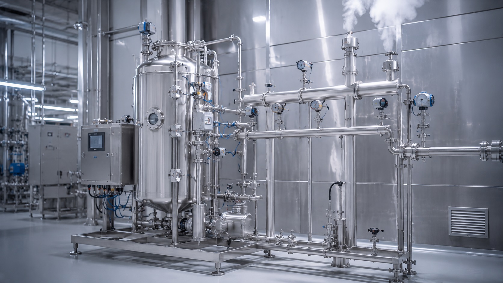 generatore clean steam con strumentazione sanitaria di pressione e temperatura