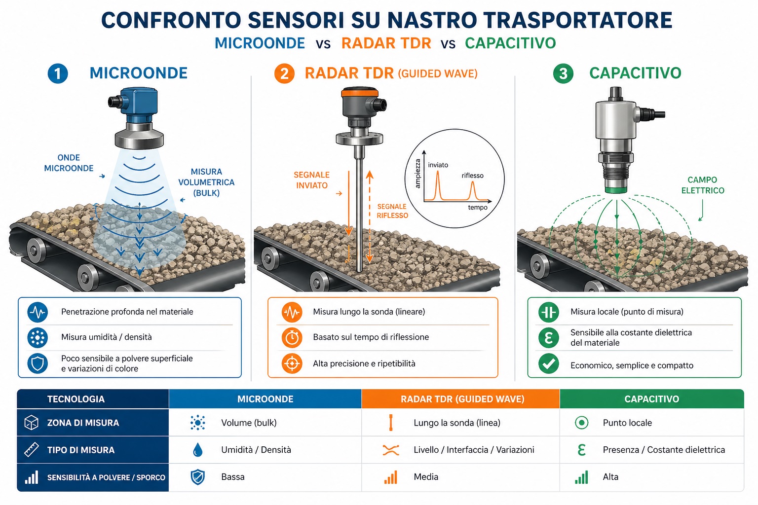 confronto sensori microonde, TDR, capacitivo su nastro trasportatore