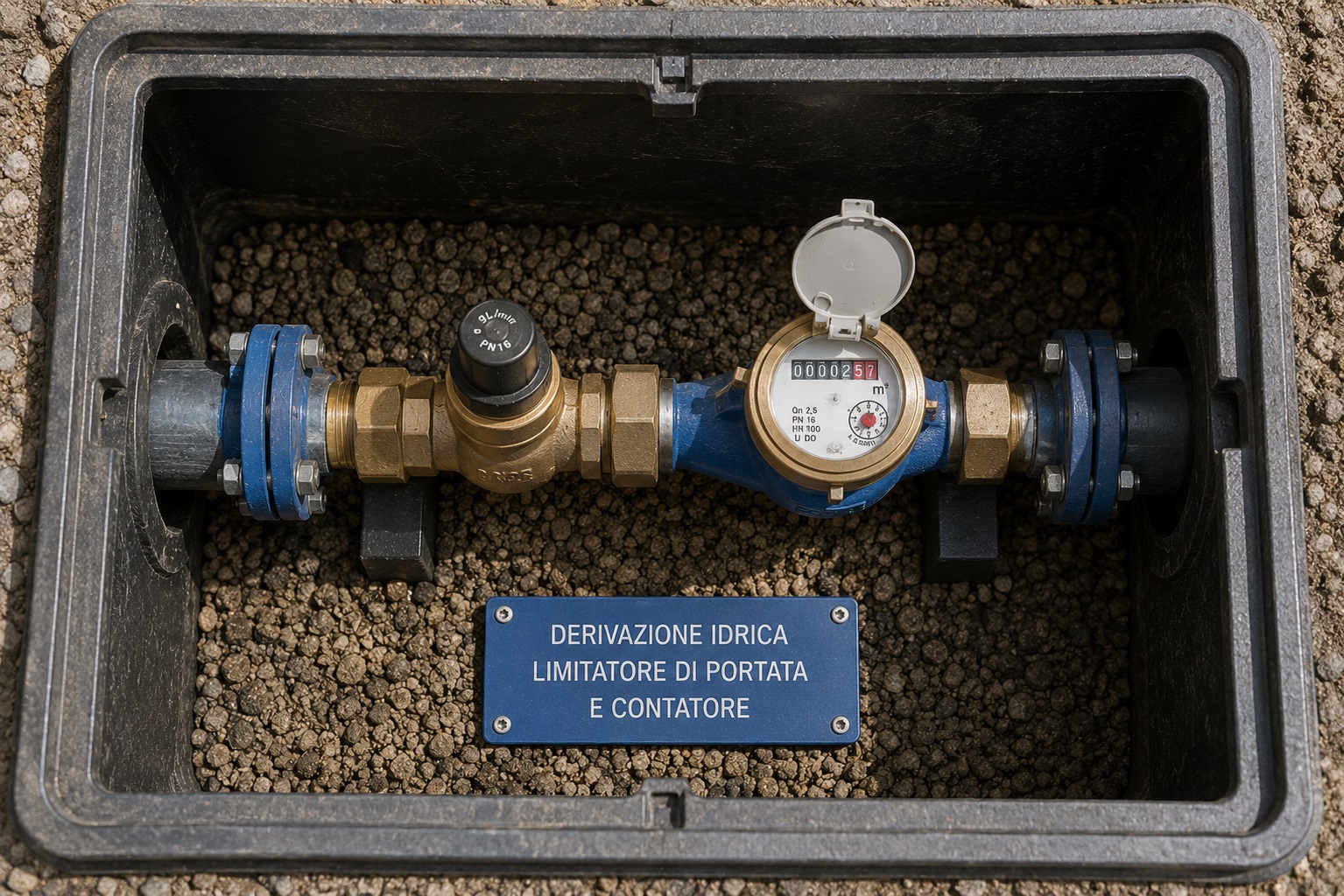 Derivazione idrica con limitatore di portata e contatore d'acqua installati sulla linea di allacciamento, vista del pozzetto di alloggiamento