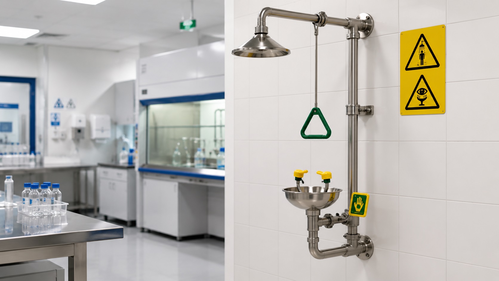 Stazione combinata di doccia di emergenza e lavaggio occhi conforme alla norma EN 15154, installata in laboratorio chimico con valvola termostatica miscelatrice e segnaletica di sicurezza