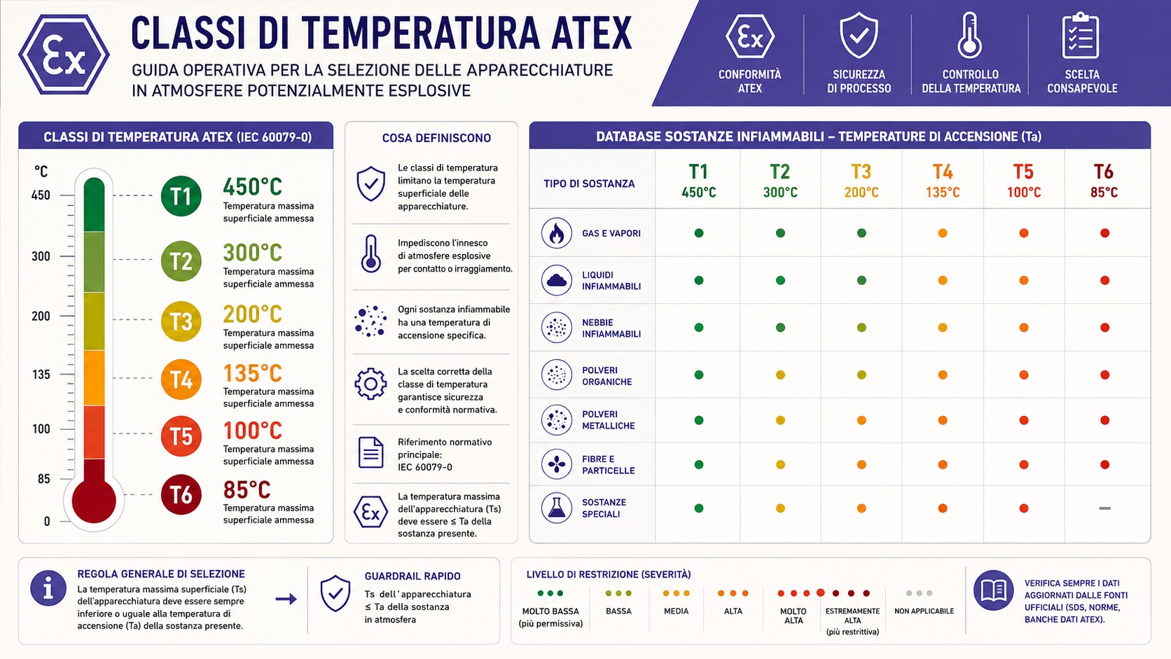 Guida operativa classi di temperatura ATEX T3 T4 T5 T6 con database sostanze e decision matrix