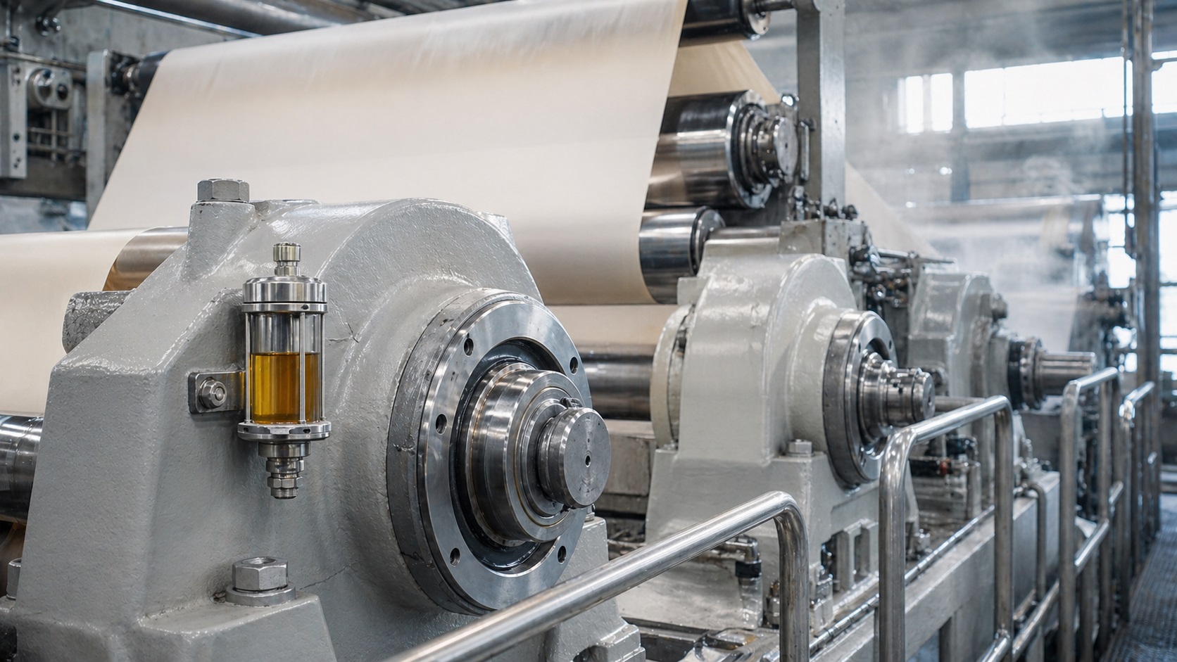 Macchina continua di cartiera con sezione presse e punti di lubrificazione cuscinetti rulli