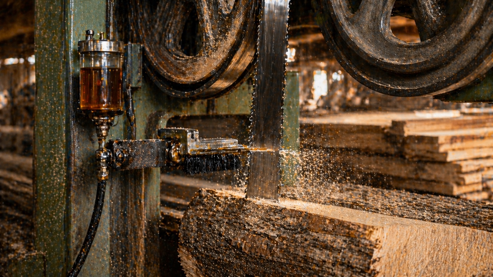 Segheria con multilama in funzione e sistema di aspirazione polveri