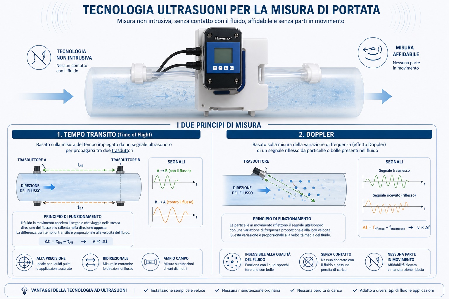 schema generale tecnologia ultrasuoni con i due principi (tempo transito + Doppler)