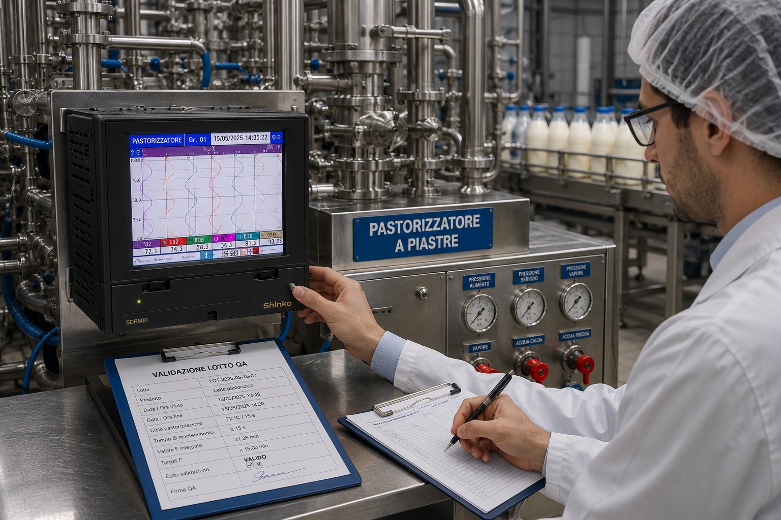 Pastorizzatore industriale food a piastre con registratore videografico per calcolo valore F integrato e validazione lotto QA