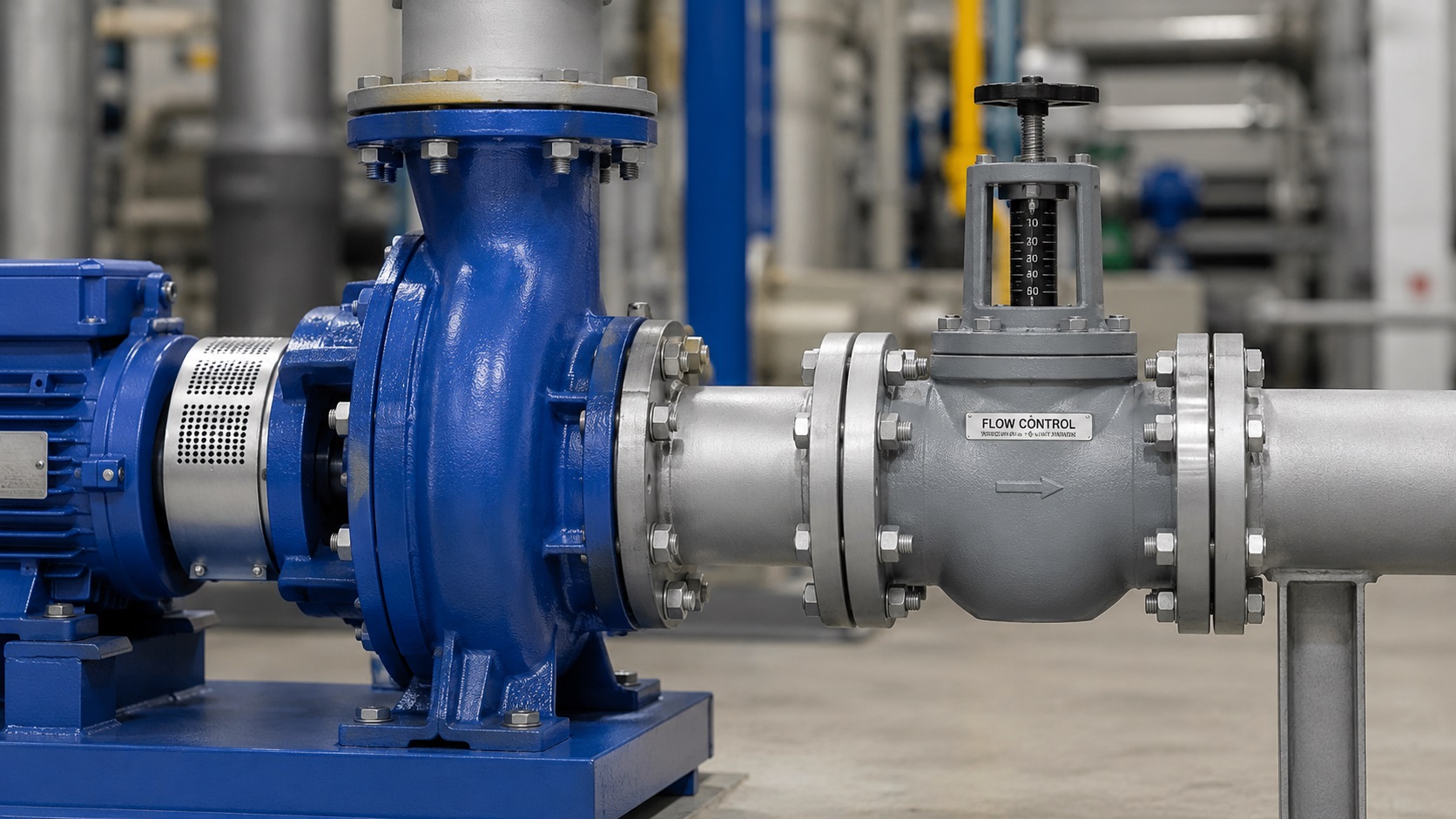 Pompa centrifuga industriale con riduttore di flusso installato in mandata, vista laterale dell'accoppiamento valvola-flangia