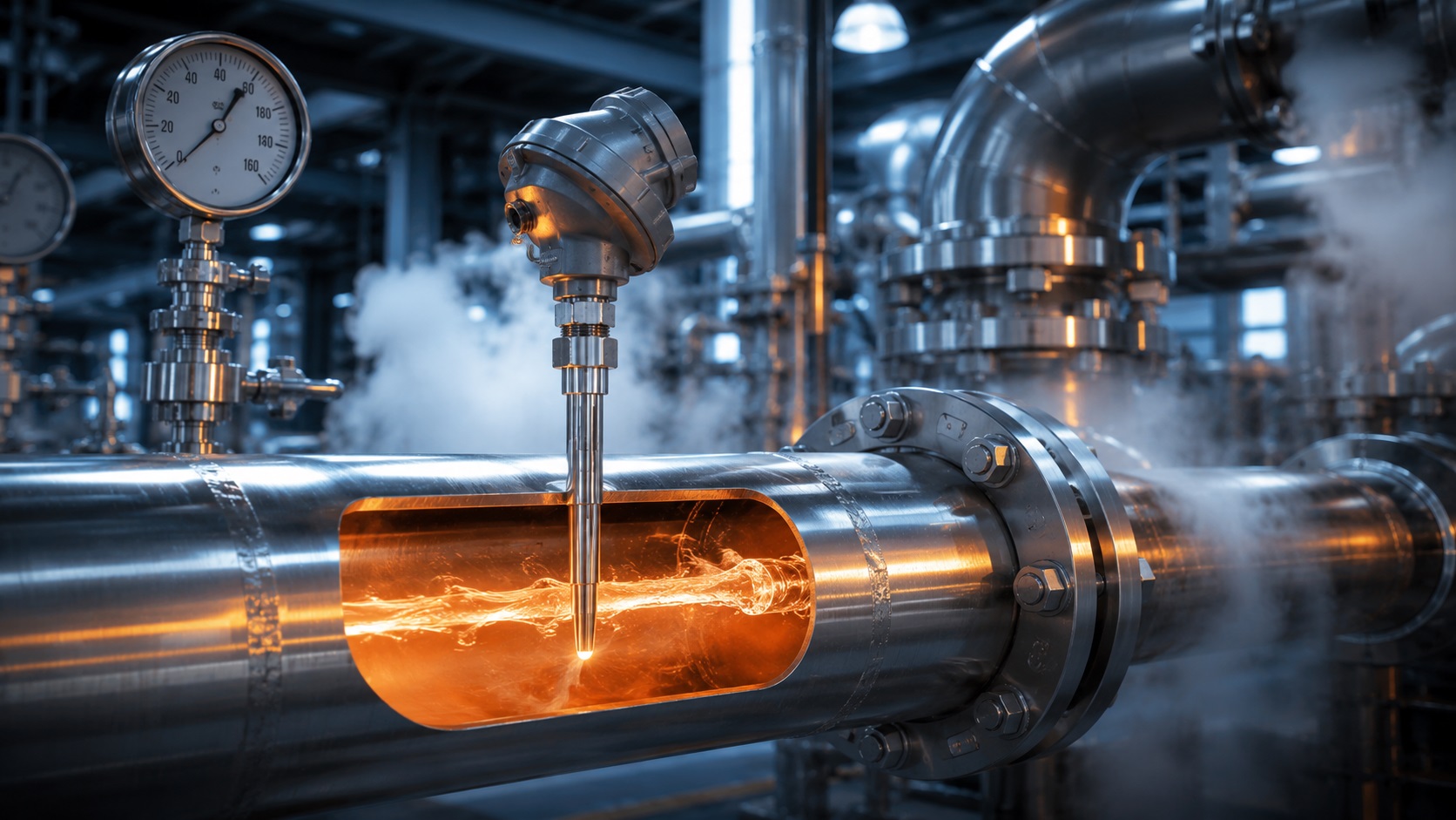pozzetto termometrico installato in linea con dettaglio costruttivo