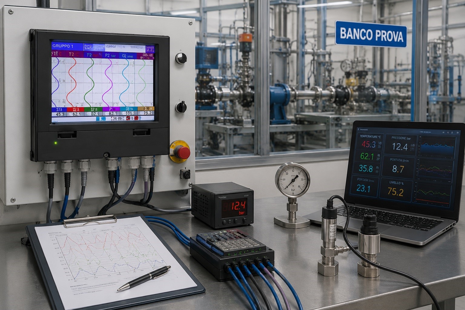 Banco prova industriale con registratore videografico multi-canale a pannello per acquisizione di temperature, pressioni e segnali analogici