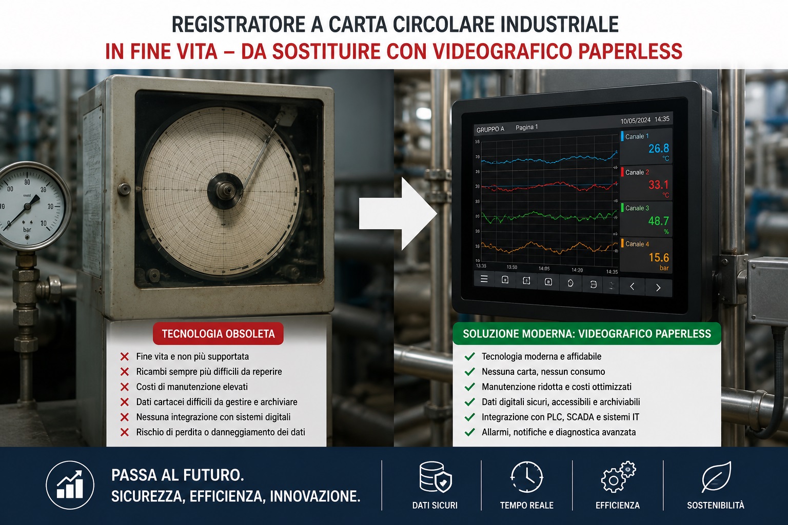 Registratore a carta circolare industriale in fine vita da sostituire con videografico paperless