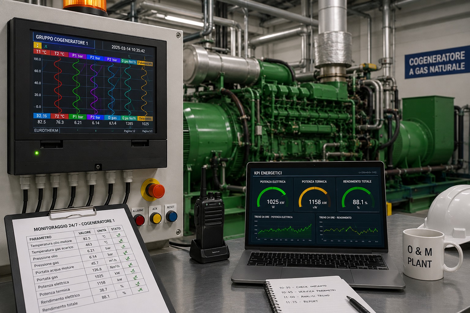 Cogeneratore industriale a gas con registratore videografico per monitoraggio 24/7 di temperature, portate, pressioni e KPI energetici