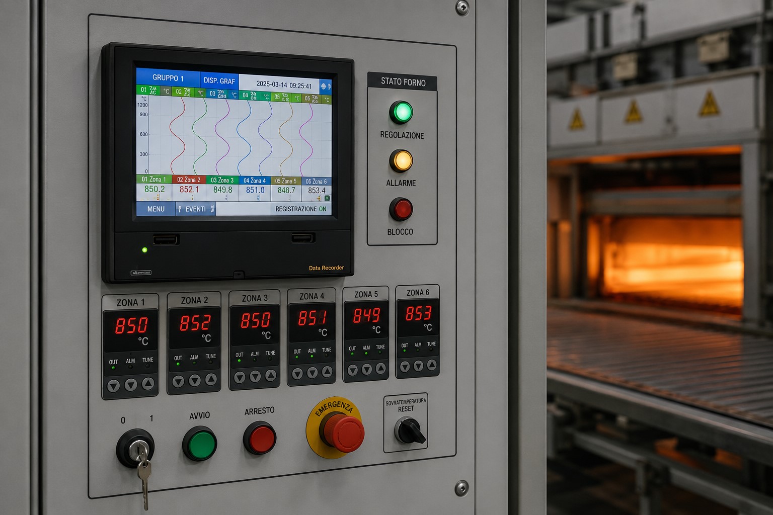 Registratore di temperatura industriale a pannello con touch screen, montato a quadro per controllo forno multi-zona
