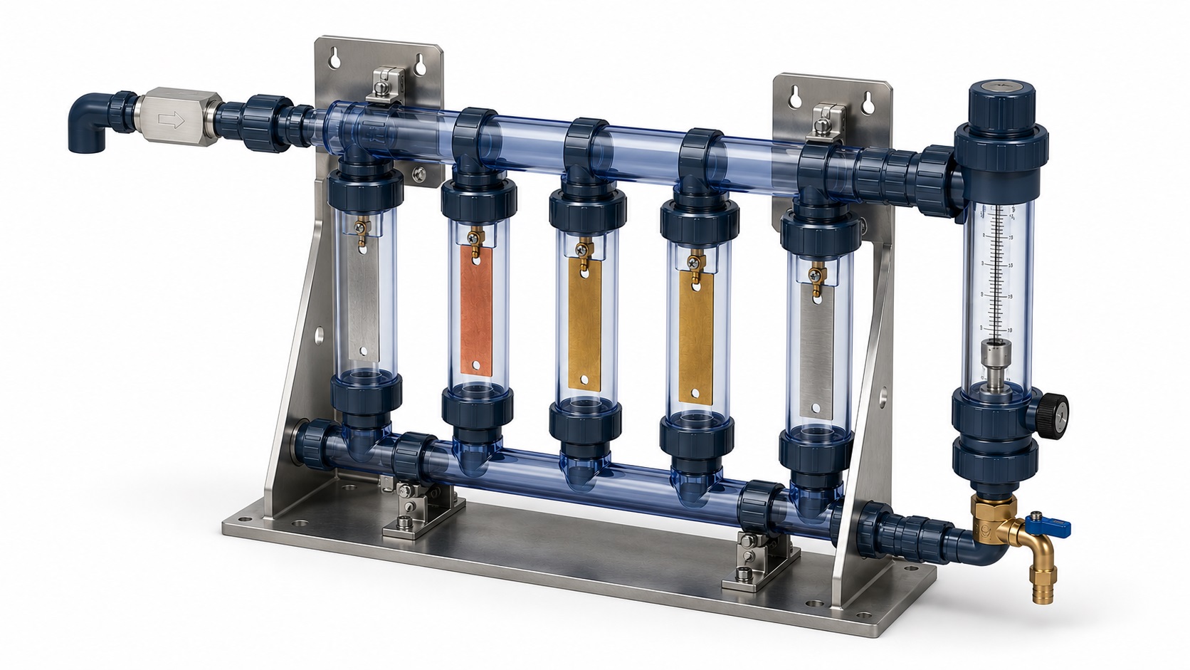 Schema idraulico del coupon rack di torre di raffreddamento: derivazione dalla linea di ritorno torre (acqua calda), valvola intercettazione, riduttore di flusso, sequenza coupon (acciaio - rame - ottone - inox), flussimetro, scarico libero al drain