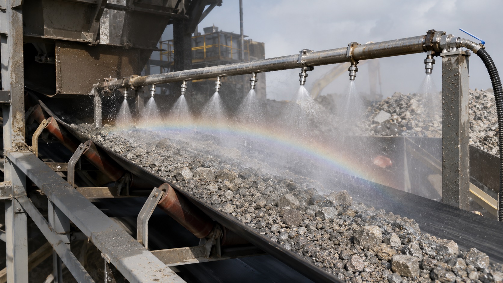 Sistema di nebulizzazione ad acqua per soppressione polveri su nastro trasportatore di cantiere demolizione, con rampa di ugelli alimentati attraverso riduttore di flusso autoregolante per garantire pressione costante