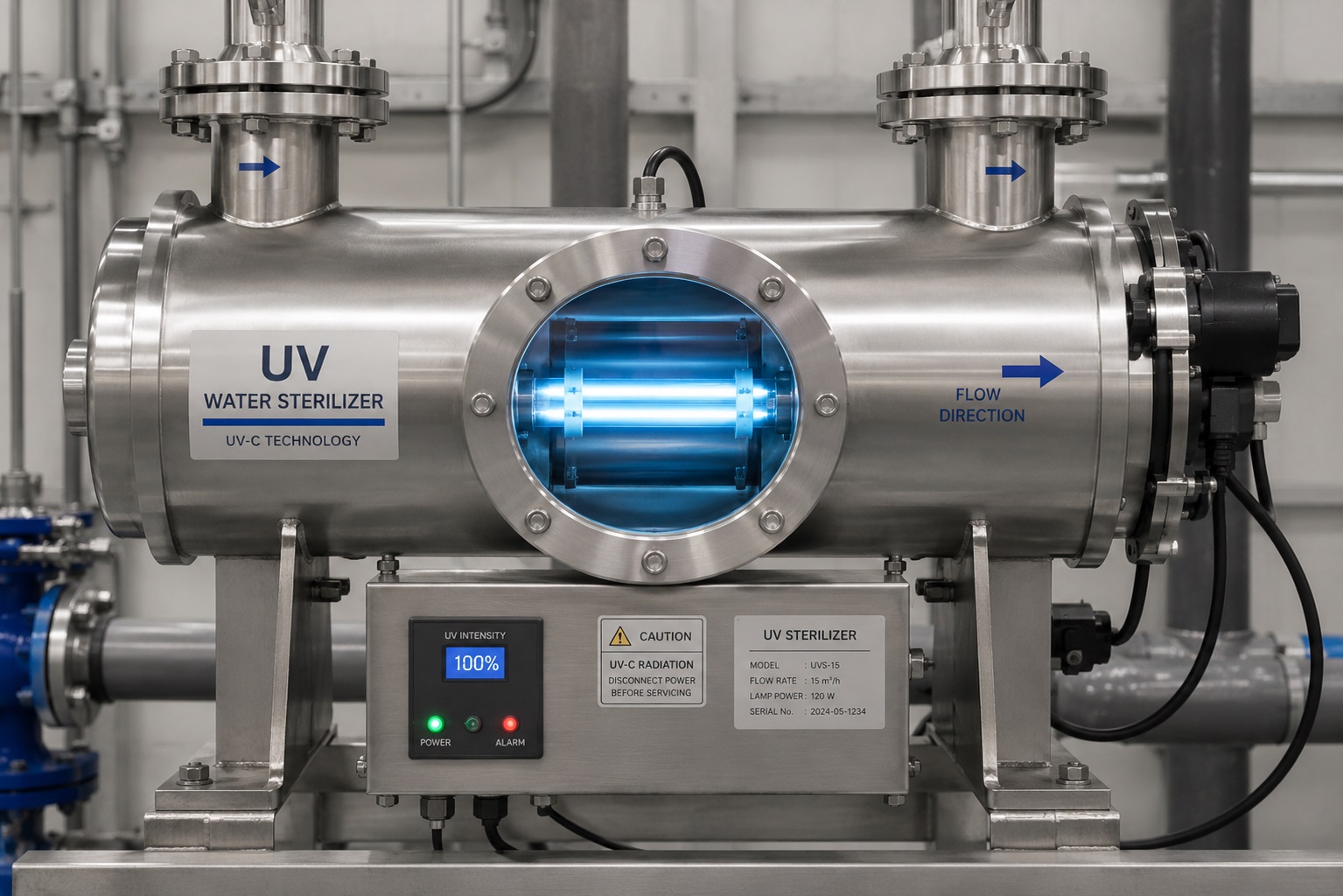 Sterilizzatore UV per acqua con camera in acciaio inox e tubo in quarzo, lampada UV-C a vapore di mercurio visibile attraverso il portello di ispezione